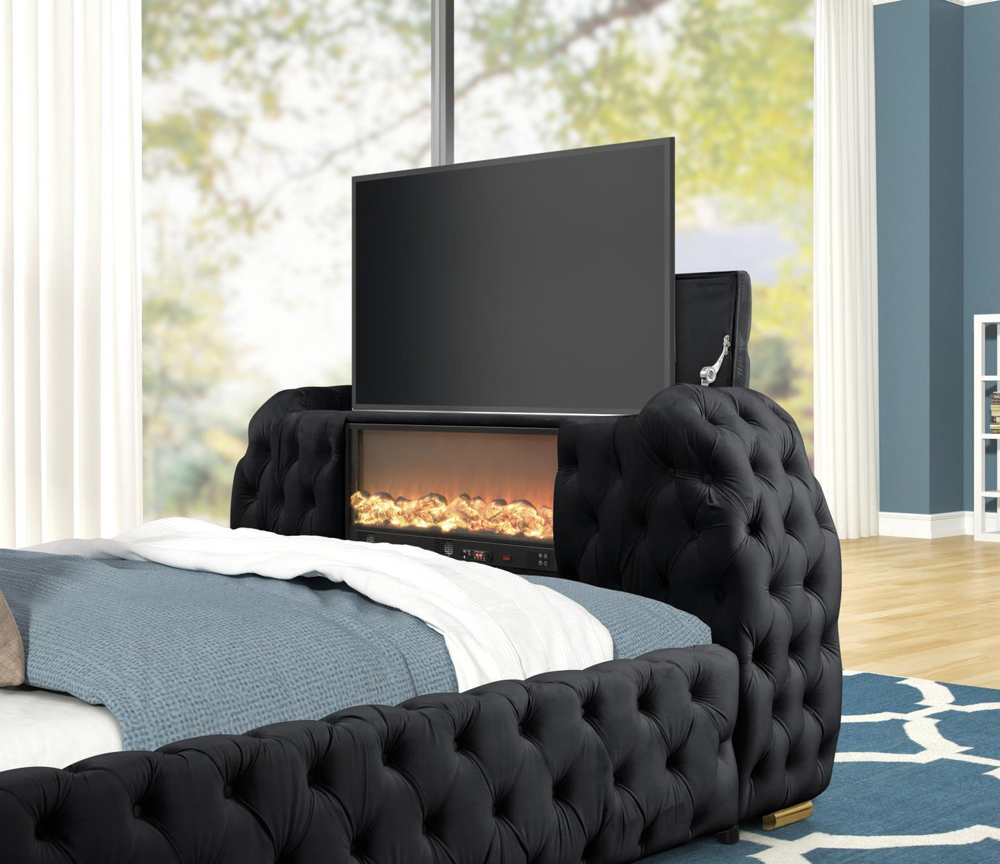 Rose Upholstered Bed with TV Lift, Faux Fireplace, Bluetooth Speaker, & USB Type C Phone Charging Port