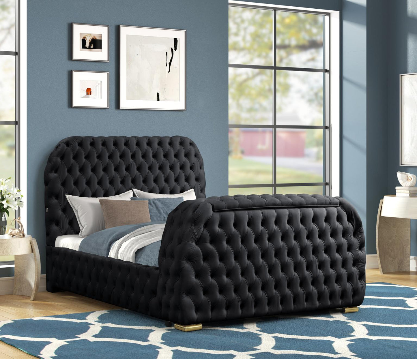 Rose Upholstered Bed with TV Lift, Faux Fireplace, Bluetooth Speaker, & USB Type C Phone Charging Port