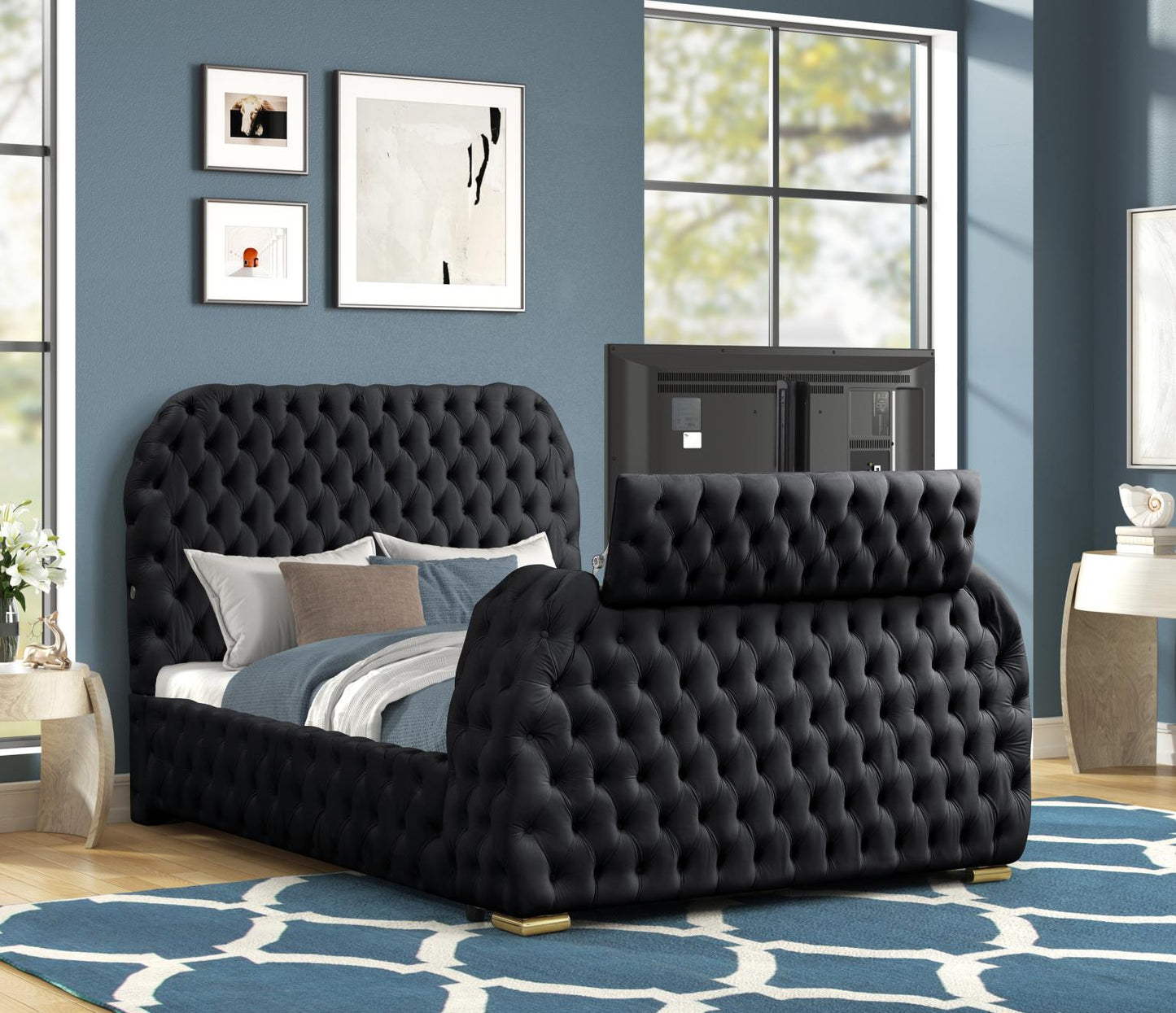 Rose Upholstered Bed with TV Lift, Faux Fireplace, Bluetooth Speaker, & USB Type C Phone Charging Port