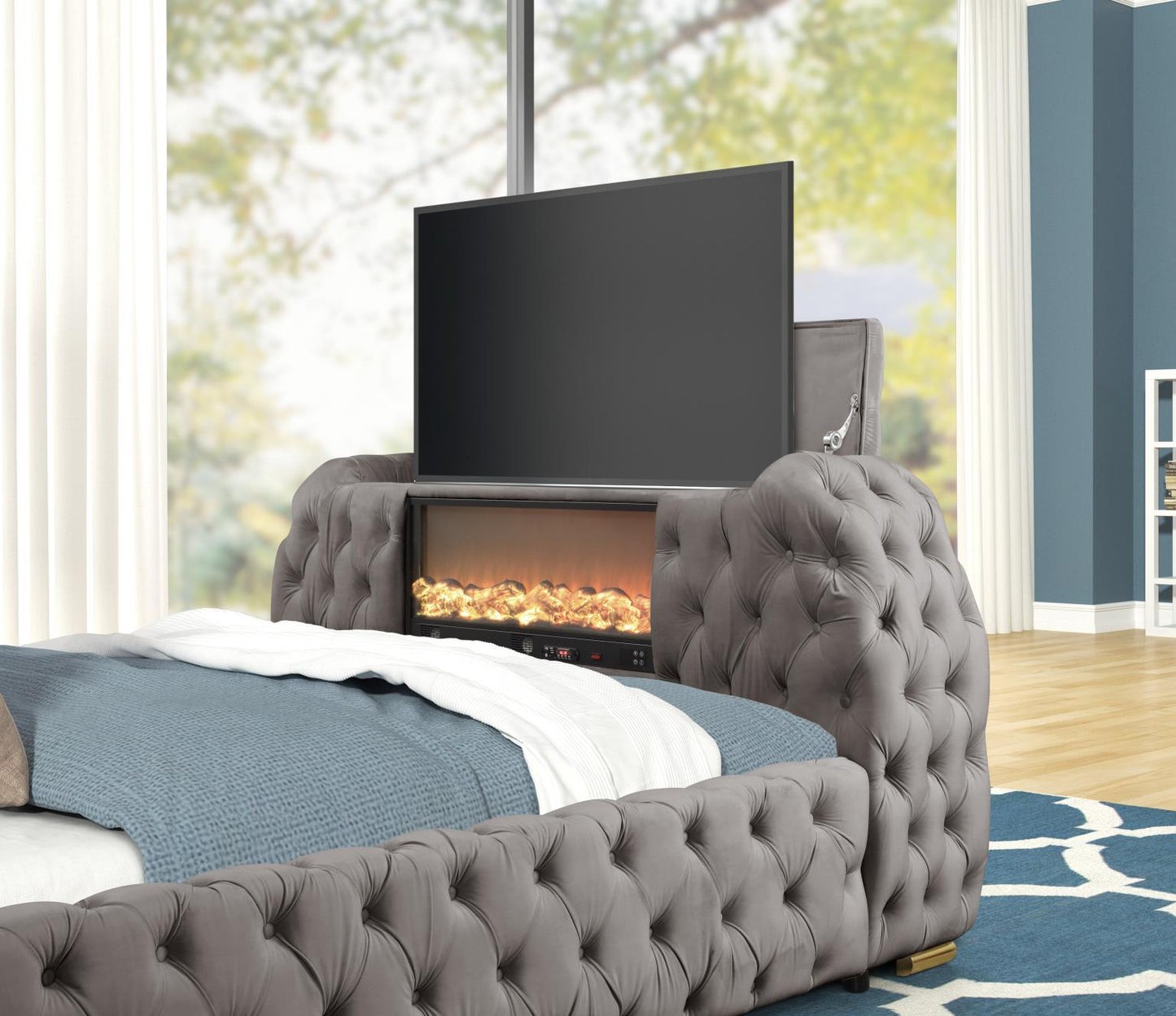 Rose Upholstered Bed with TV Lift, Faux Fireplace, Bluetooth Speaker, & USB Type C Phone Charging Port