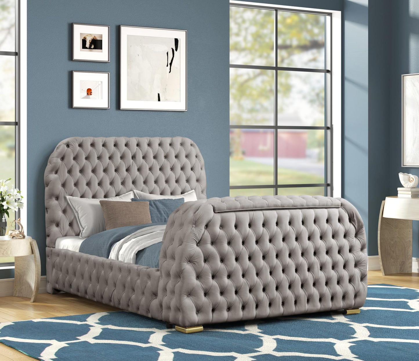Rose Upholstered Bed with TV Lift, Faux Fireplace, Bluetooth Speaker, & USB Type C Phone Charging Port