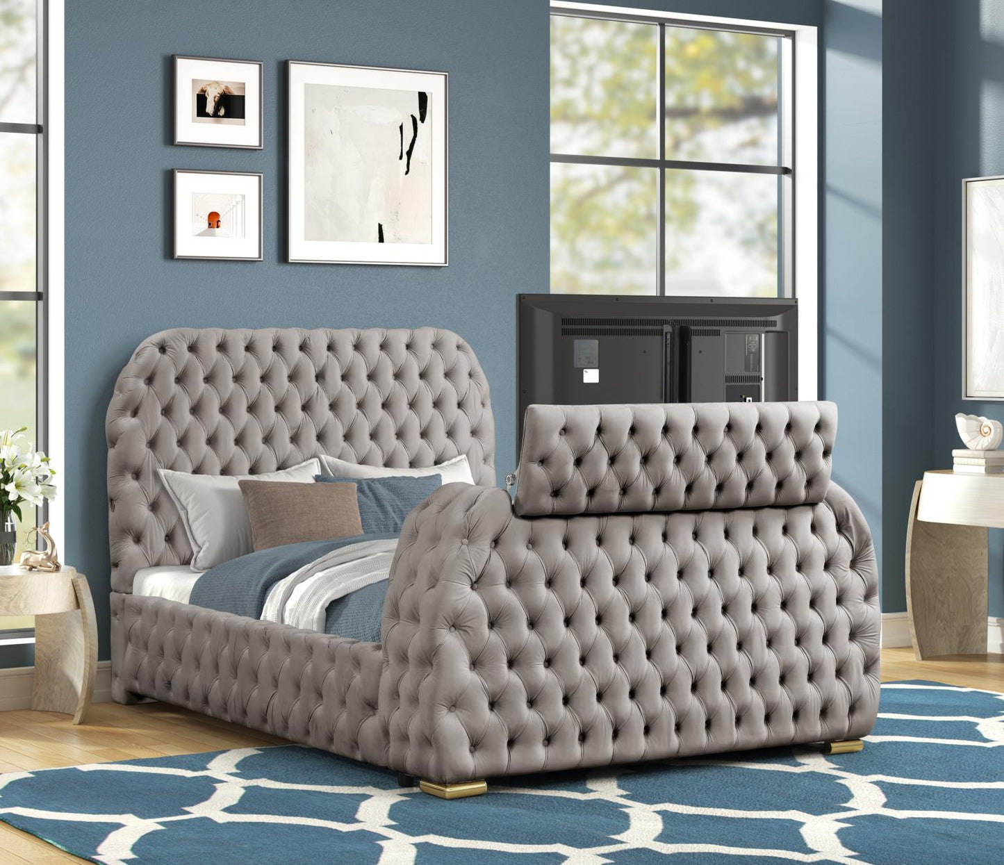 Rose Upholstered Bed with TV Lift, Faux Fireplace, Bluetooth Speaker, & USB Type C Phone Charging Port