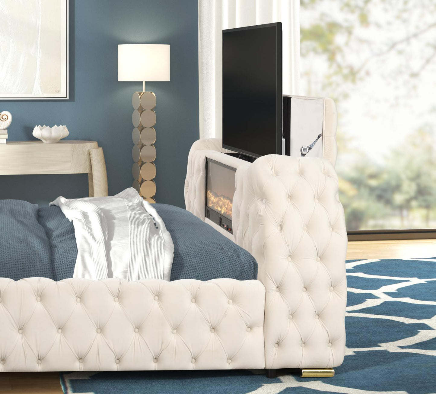 Rose Upholstered Bed with TV Lift, Faux Fireplace, Bluetooth Speaker, & USB Type C Phone Charging Port