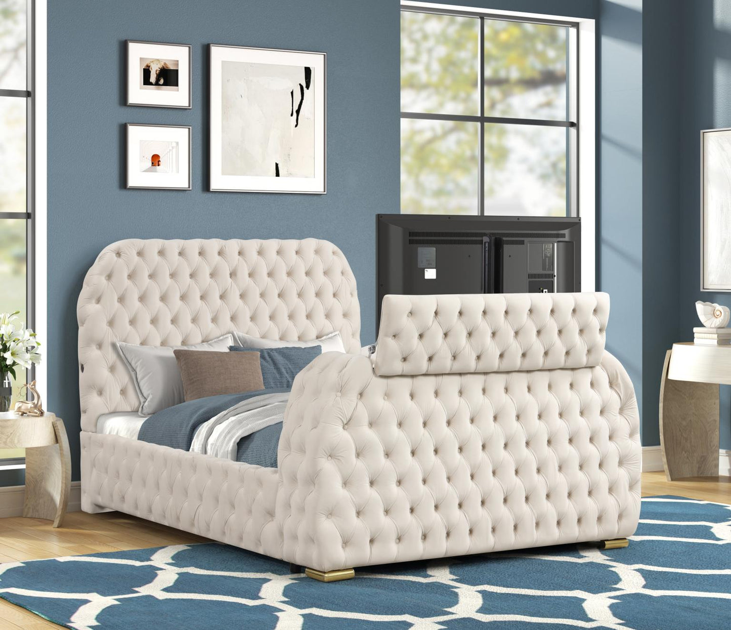 Rose Upholstered Bed with TV Lift, Faux Fireplace, Bluetooth Speaker, & USB Type C Phone Charging Port