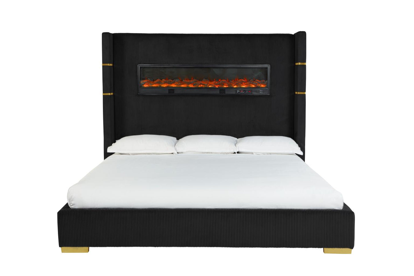 Eliza Upholstered Bed with Bluetooth Speaker, Fireplace, Power Supply and USB - Type C Charger