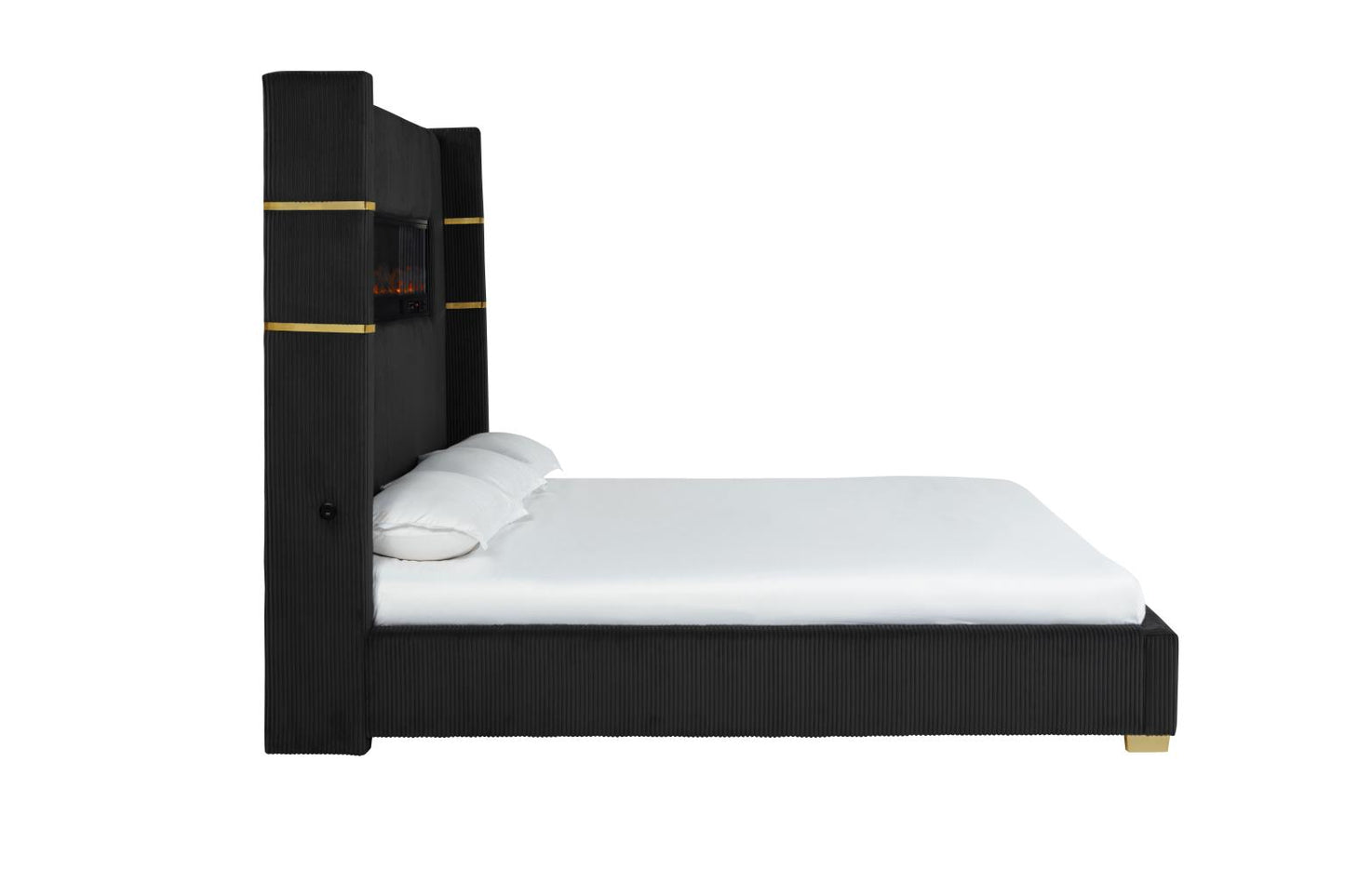 Eliza Upholstered Bed with Bluetooth Speaker, Fireplace, Power Supply and USB - Type C Charger