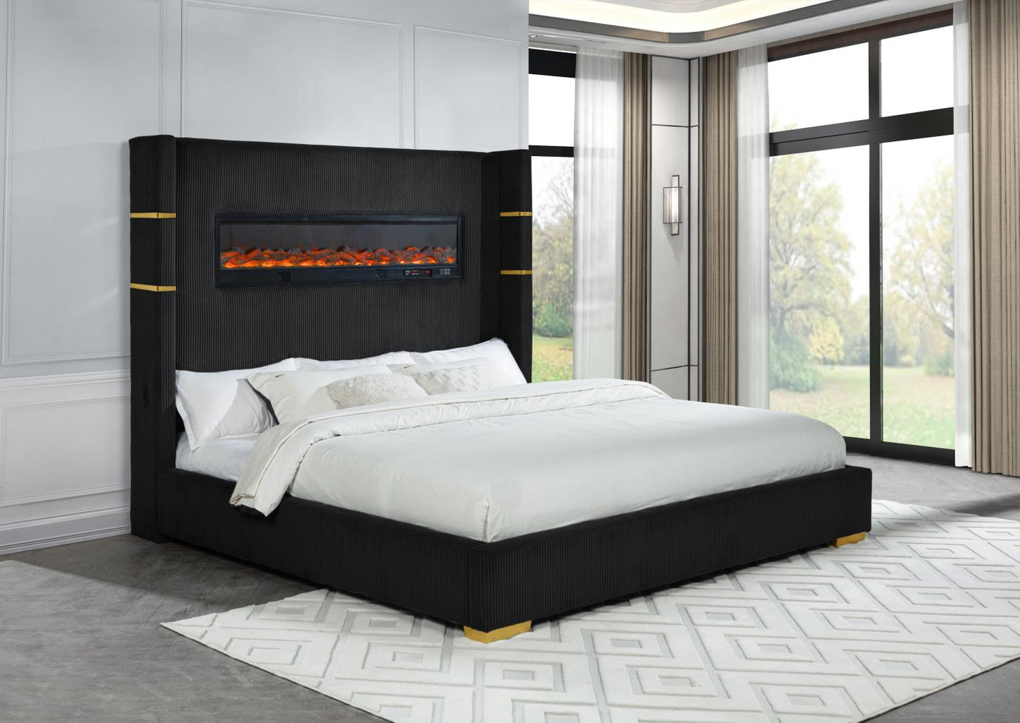 Eliza Upholstered Bed with Bluetooth Speaker, Fireplace, Power Supply and USB - Type C Charger