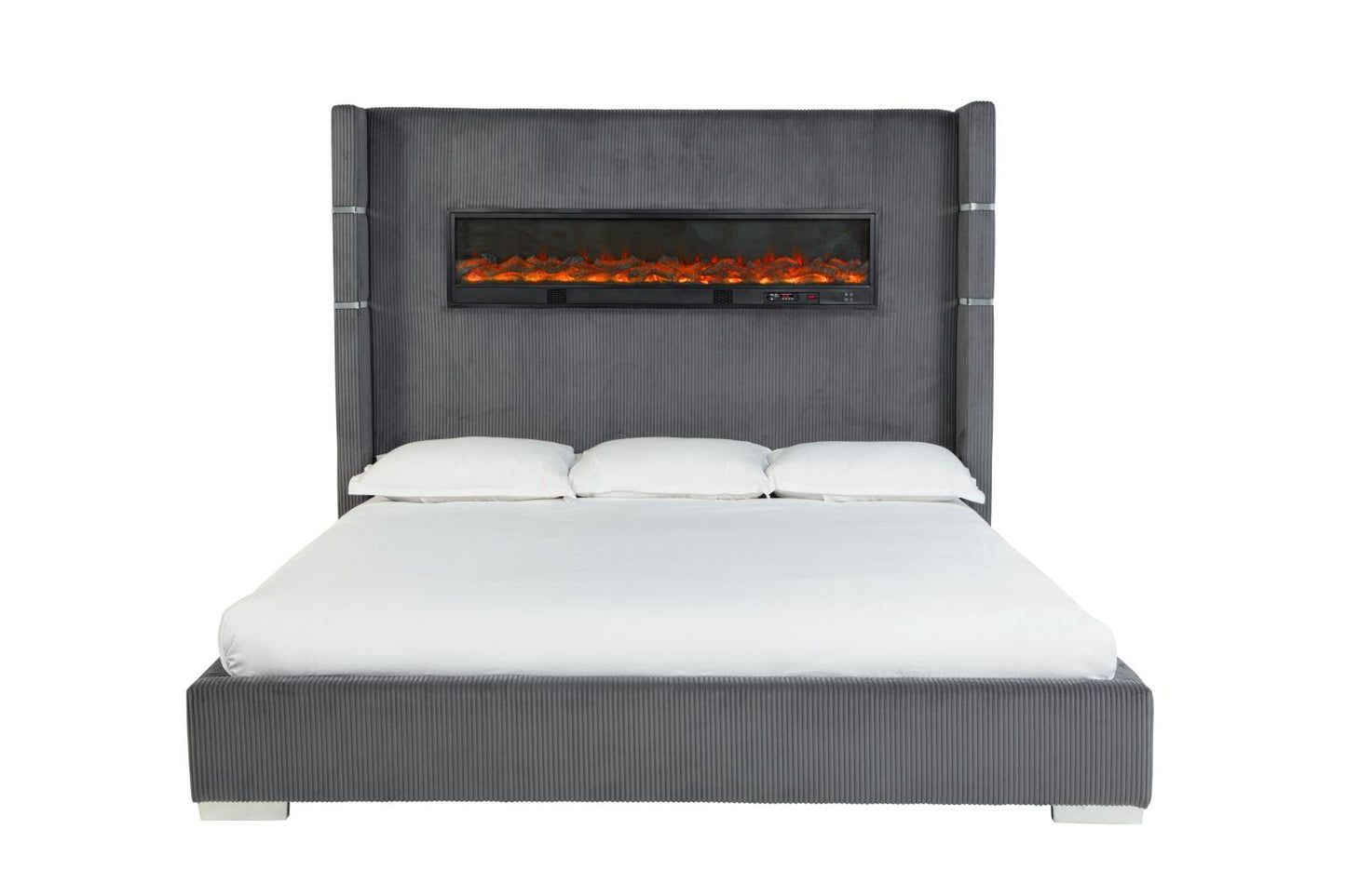 Eliza Upholstered Bed with Bluetooth Speaker, Fireplace, Power Supply and USB - Type C Charger