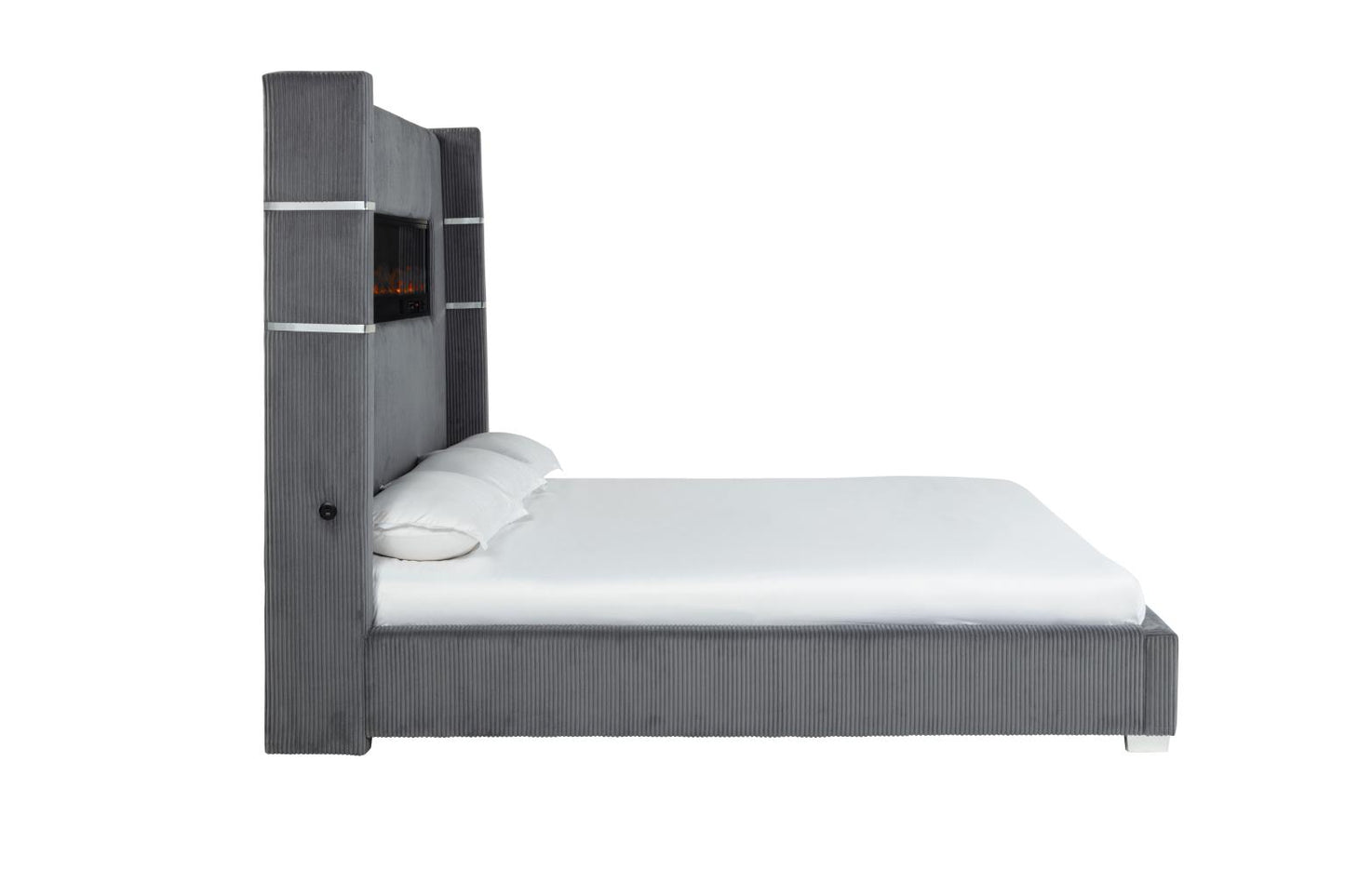 Eliza Upholstered Bed with Bluetooth Speaker, Fireplace, Power Supply and USB - Type C Charger