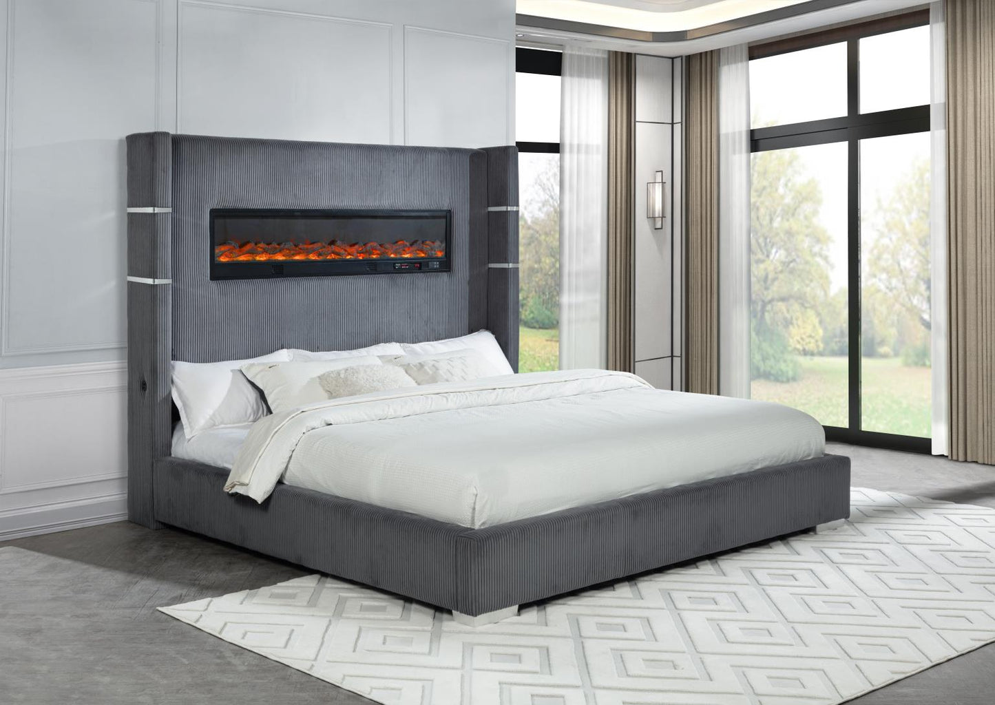 Eliza Upholstered Bed with Bluetooth Speaker, Fireplace, Power Supply and USB - Type C Charger