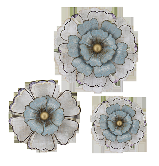 Blue Floral Metal Wall Art – 18"x45" Set