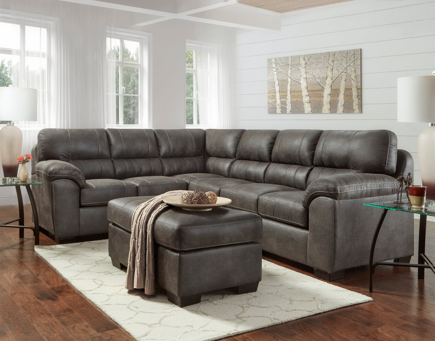 Sequoia Ash Sectional & Ottoman - Dark Grey Upholstered Set