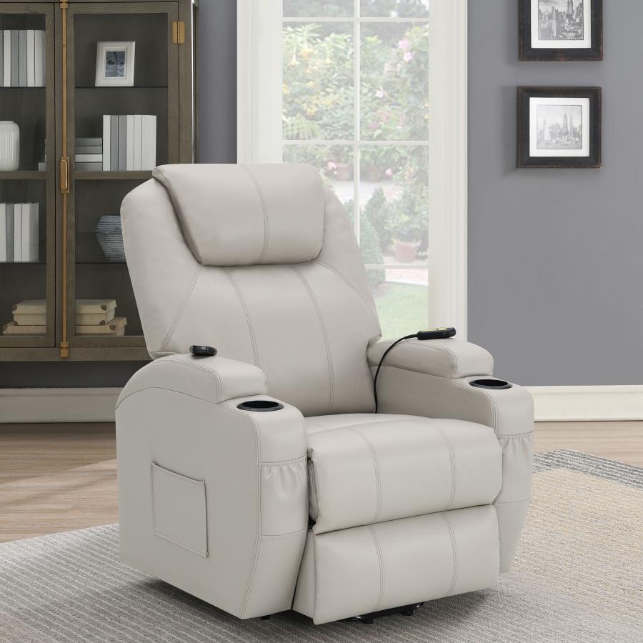 Sanger Champagne Upholstered Power Lift Massage Recliner