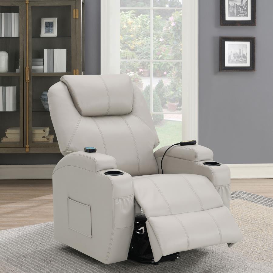 Sanger Champagne Upholstered Power Lift Massage Recliner