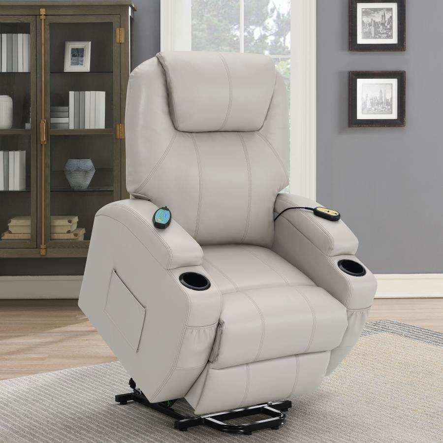 Sanger Champagne Upholstered Power Lift Massage Recliner