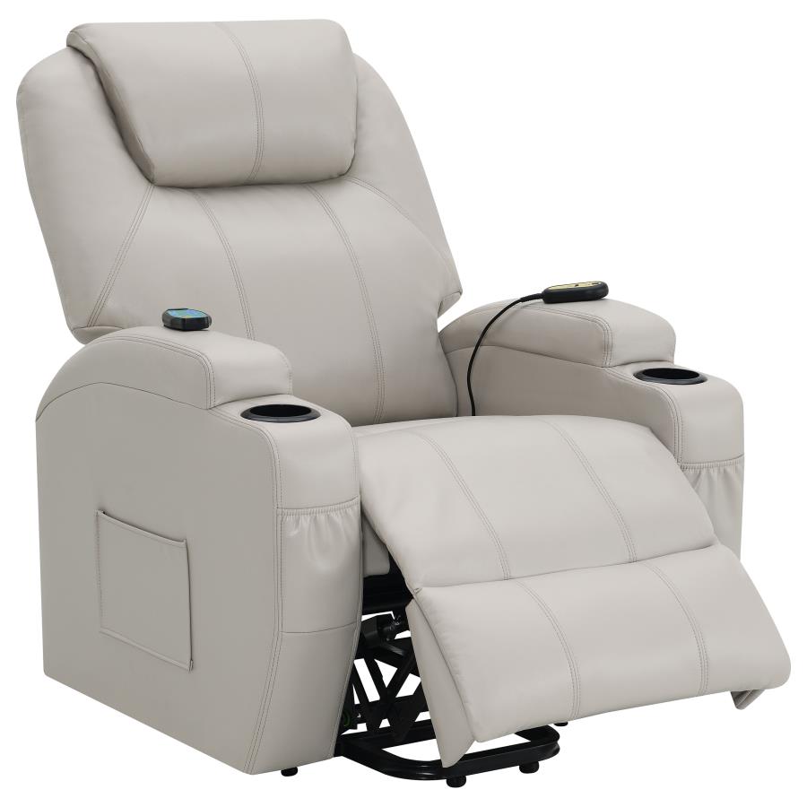 Sanger Champagne Upholstered Power Lift Massage Recliner