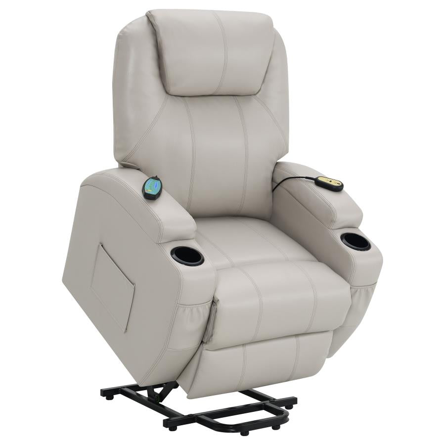 Sanger Champagne Upholstered Power Lift Massage Recliner