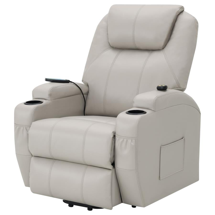 Sanger Champagne Upholstered Power Lift Massage Recliner