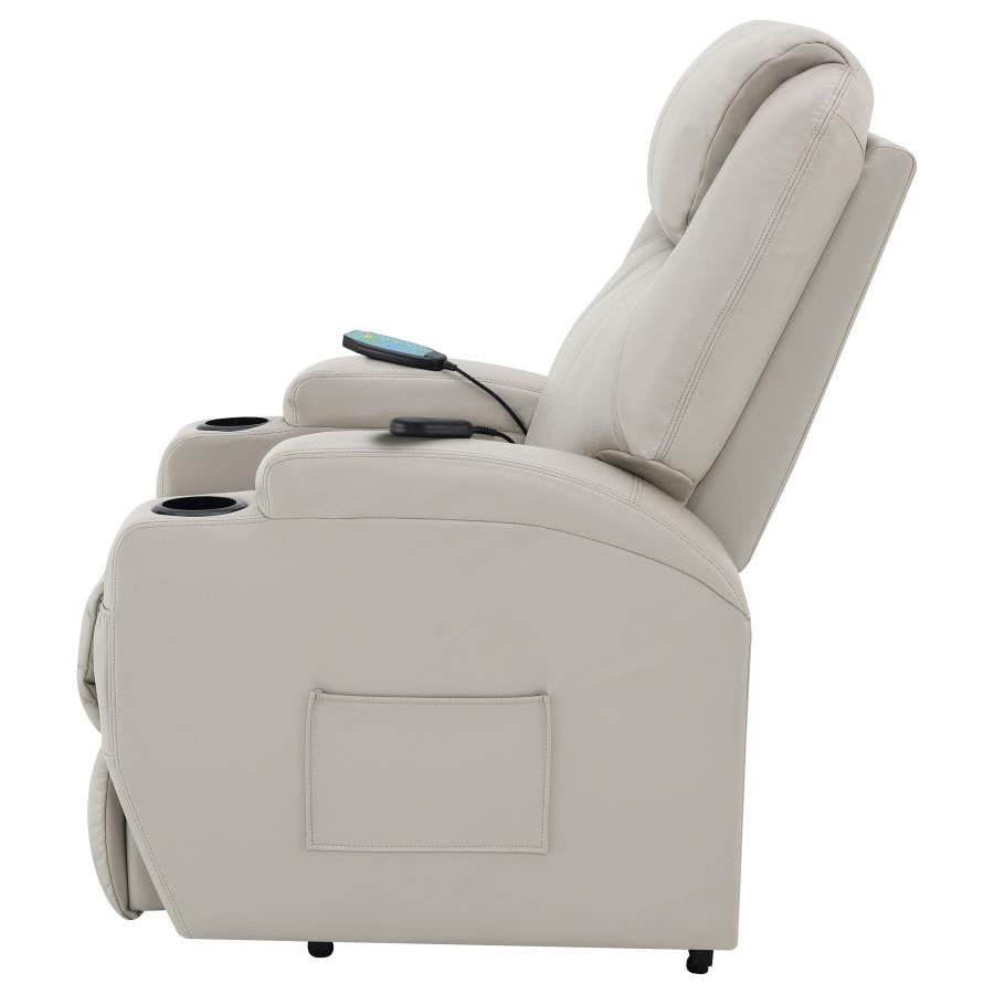 Sanger Champagne Upholstered Power Lift Massage Recliner