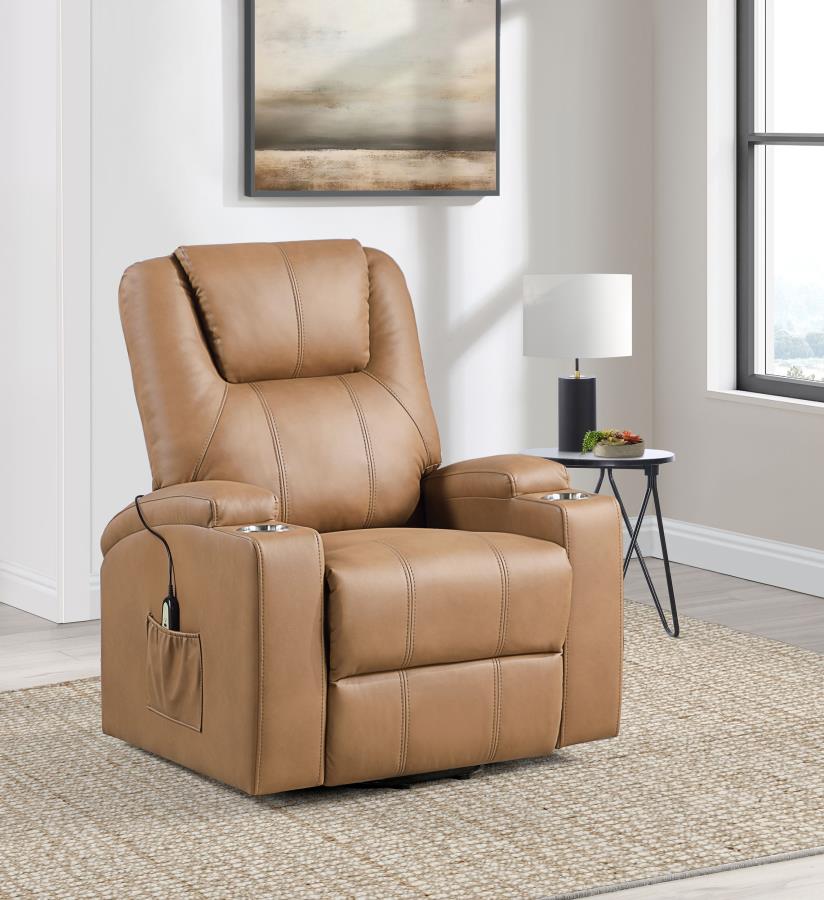 ARMSTRONG UPHOLSTERED POWER LIFT MASSAGE RECLINER CAMEL
