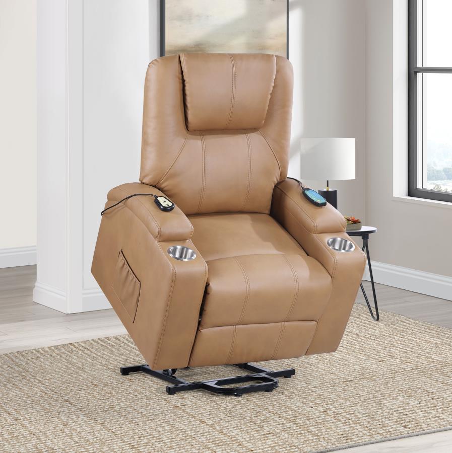 ARMSTRONG UPHOLSTERED POWER LIFT MASSAGE RECLINER CAMEL