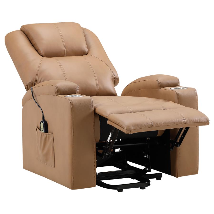 ARMSTRONG UPHOLSTERED POWER LIFT MASSAGE RECLINER CAMEL