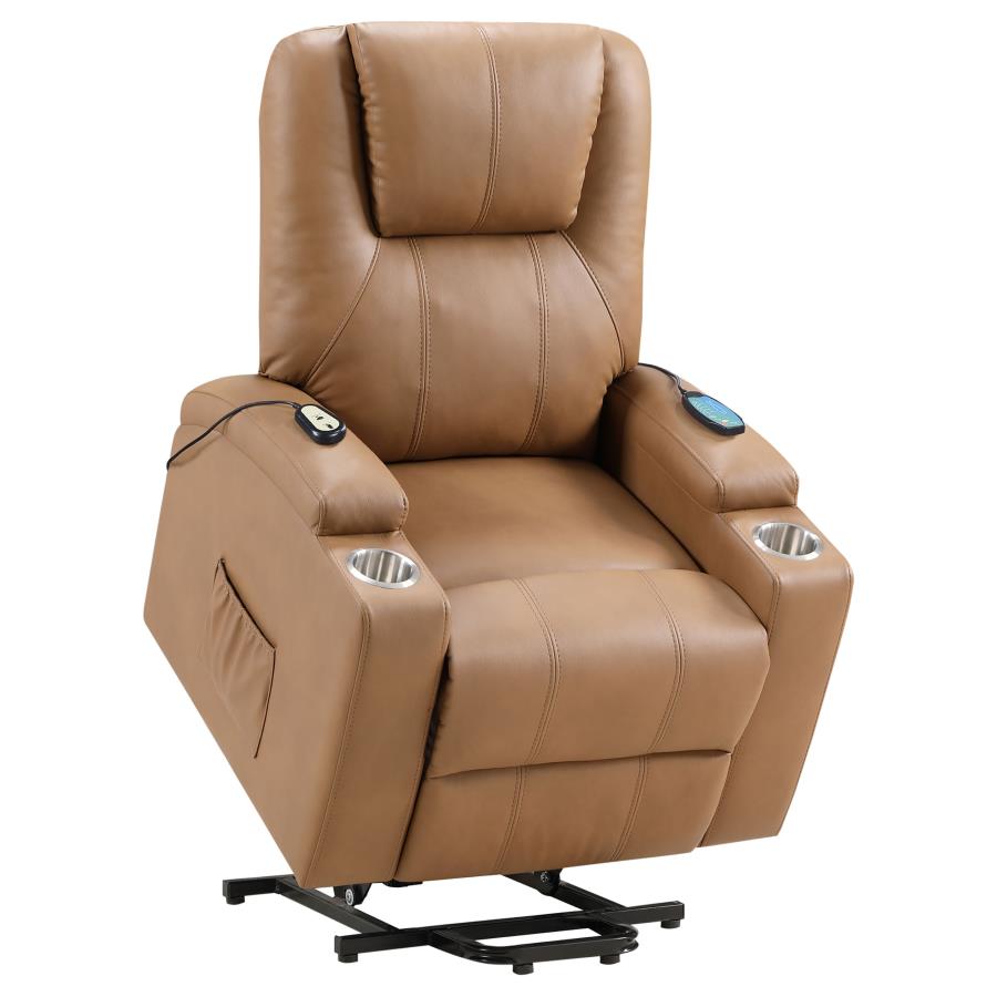 ARMSTRONG UPHOLSTERED POWER LIFT MASSAGE RECLINER CAMEL