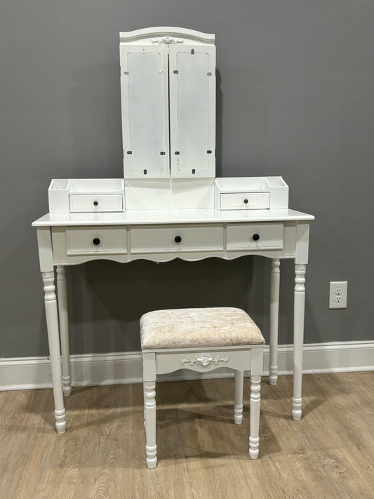 Timeless White Vanity with trim-fold mirror and stool
