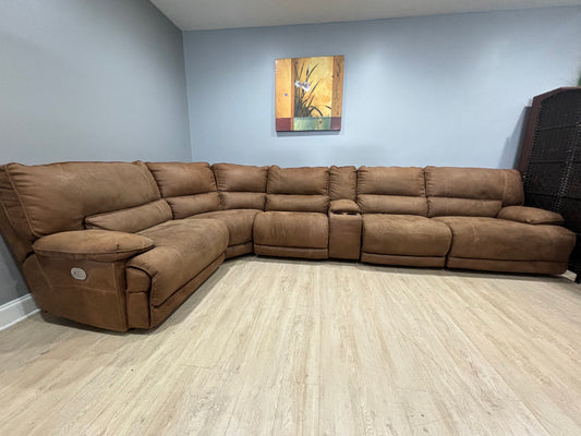 Brown Suede 6 Piece Reclining Sectional with Center Console (Power & Manual Recline)