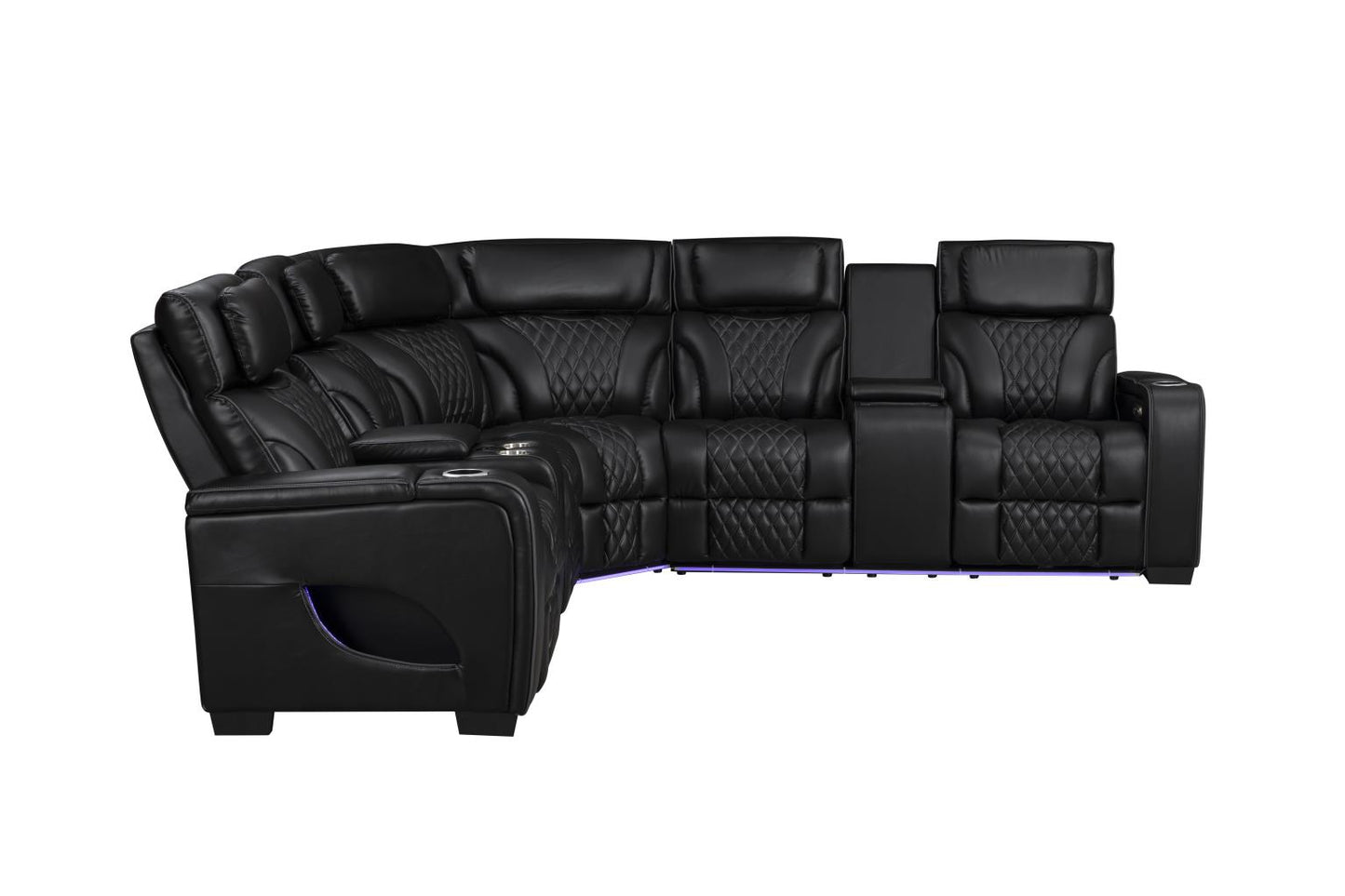 Mac Daddy 3 PC Black Power Sectional with Power Headrest, Console, Bluetooth Speaker, Wireless Charger, LED Light, Cup Holder, USB - Type C Charger, Zero Gravity