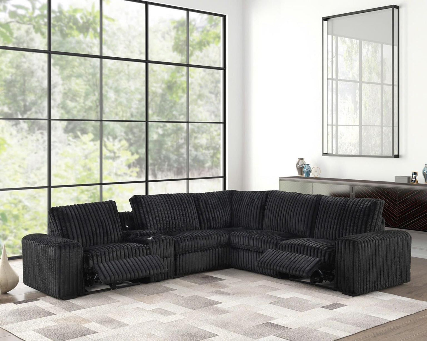 Vegas - Black Power Recliner Sectional with Storage Console, Bluetooth Speaker, Wireless Charger, Cup Holder, USB Charger