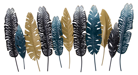Blue and Gold Tropical Leaves Wall Art – 28"x52"