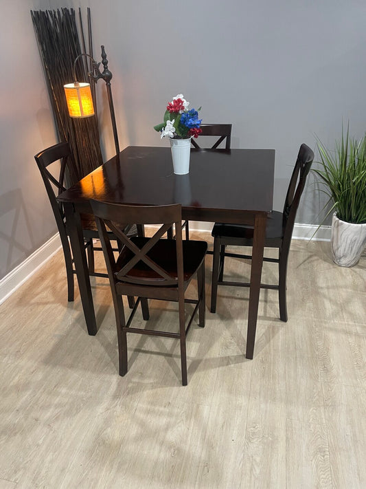 Dark Brown Wood Counter Top Table & 4 Chairs - Certified Refurbished