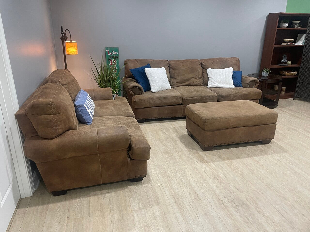 Brown Suede Nailhead Sofa Set