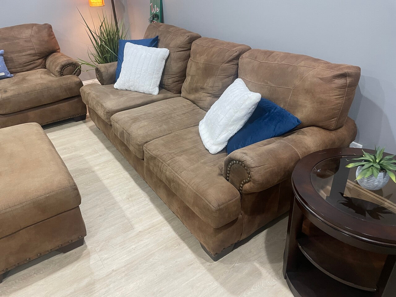 Brown Suede Nailhead Sofa Set