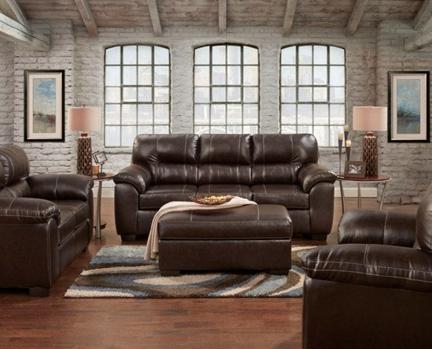 Austin Chocolate Pleather 4 Piece Living Room Set - Sofa, Loveseat, Chair & 1/2, Ottoman
